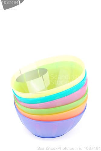 Image of Stacked colorful bowls on white