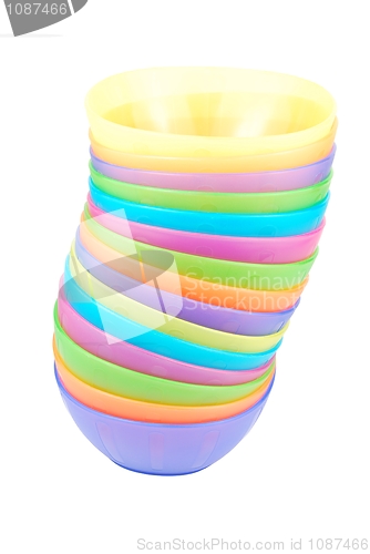 Image of Stacked colorful bowls on white