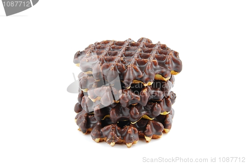 Image of Chocolate belgian waffles stacked on white