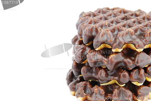 Image of Chocolate belgian waffles stacked on white