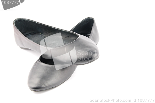 Image of Lady black leather ballet flat shoes on white