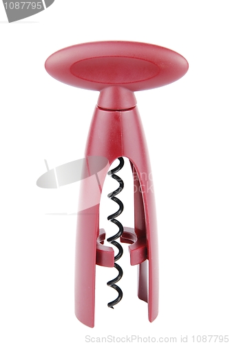 Image of Red corkscrew wine bottle opener on white