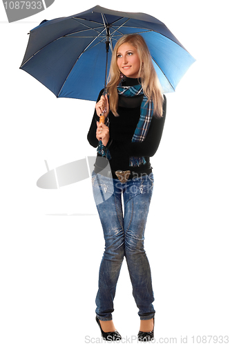 Image of Beautiful smiling blonde with blue umbrella