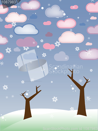 Image of Retro Snowy Landscape with Leafless Trees - Season Winter