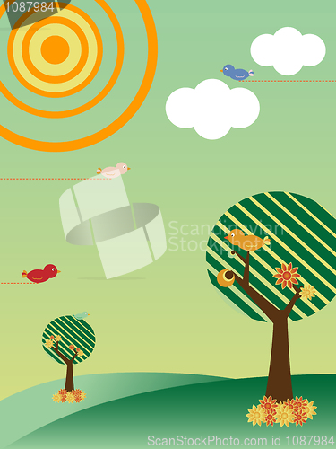 Image of Retro Landscape with Trees and Birds Season Spring