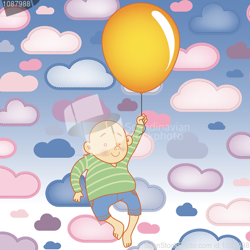 Image of Young Child boy with balloon with Clouds Background