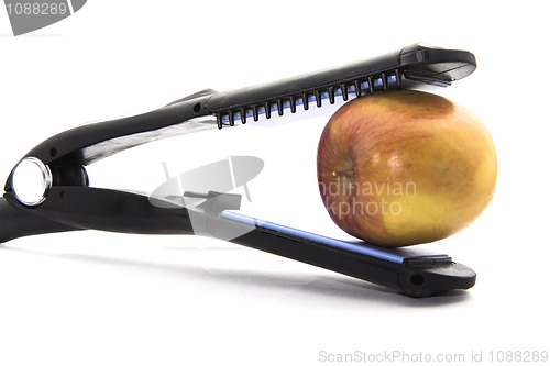 Image of Jaws of a flat curling iron biting an apple