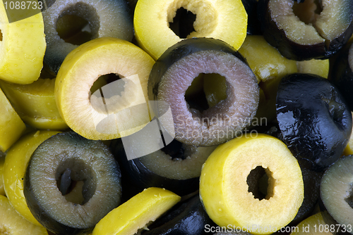 Image of Sliced black and green olives