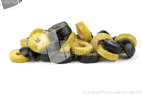 Image of Small pile of sliced black and green olives
