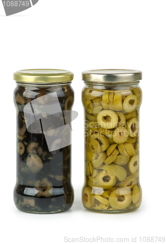 Image of Glass jar with sliced green and black olives