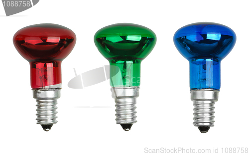 Image of Red, green and blue spot tungsten lightbulbs