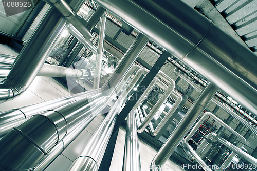 Image of Industrial zone, Steel pipelines in blue tones  