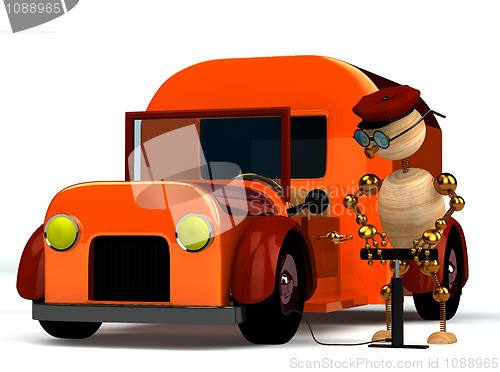 Image of 3d wood man pumping red trucks tire