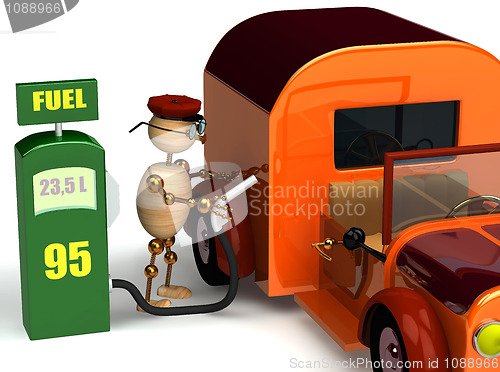 Image of 3d wood man with a petrol pump