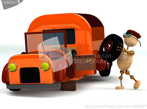 Image of 3d wood man change orange truck tire