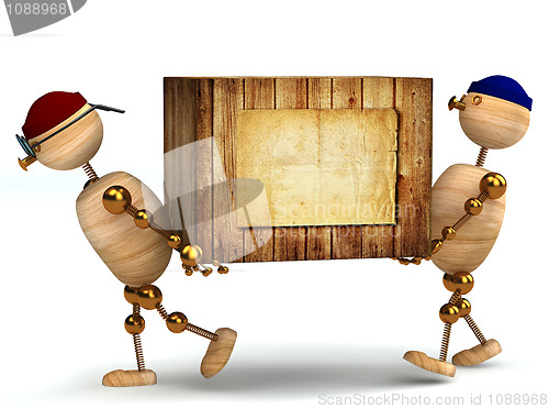 Image of two 3d wood man carring big wooden box