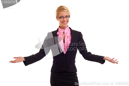 Image of Young business woman welcome