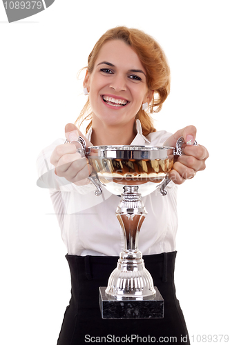 Image of young woman winning a trophy