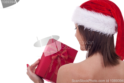 Image of santa woman holding a present 