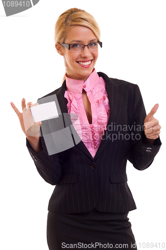 Image of Young business woman presenting card