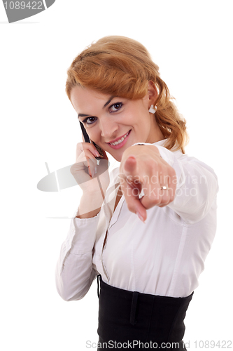 Image of  woman on mobile phone pointing to you