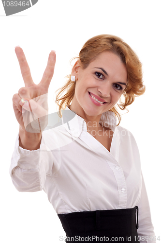 Image of woman making the victory sign