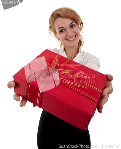 Image of Business woman is giving a present 