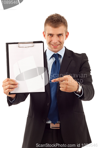 Image of man showing a blank clipboard