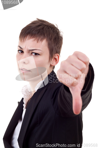 Image of business woman gesturing thumbs down