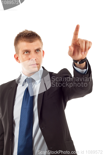 Image of business man pushing an imaginary button 