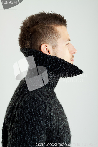 Image of model wearing a wool shirt