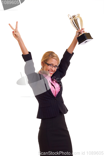 Image of Happy business woman with trophy