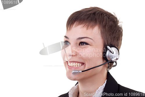 Image of Smiling young woman telemarketer 