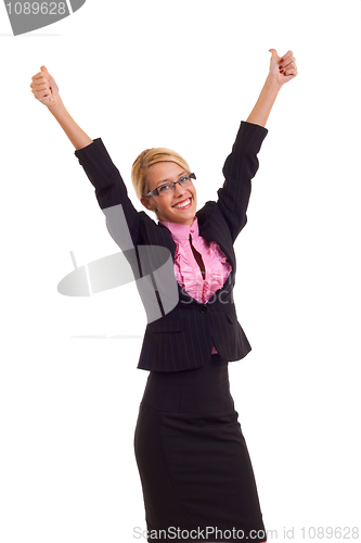 Image of Business woman excited giving thumbs up. 