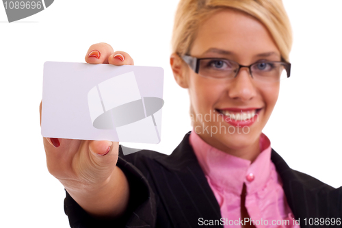 Image of Business woman smiling holding card