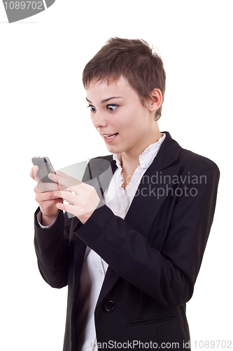 Image of shoked woman looking at a phone