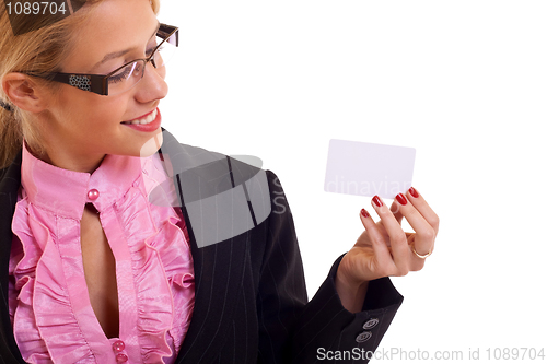 Image of Business woman smiling presenting card