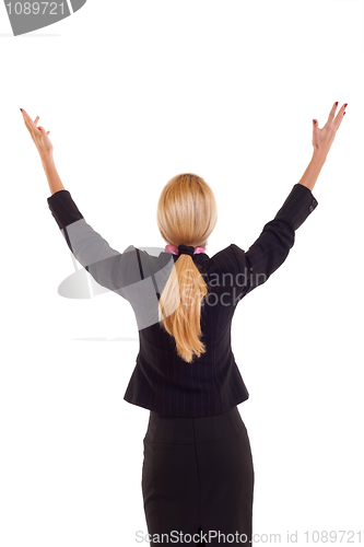 Image of Business woman back hands up