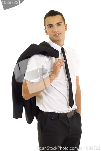 Image of business man holding his jacket over his shoulder. 
