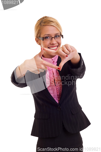 Image of happy business woman making hand frame