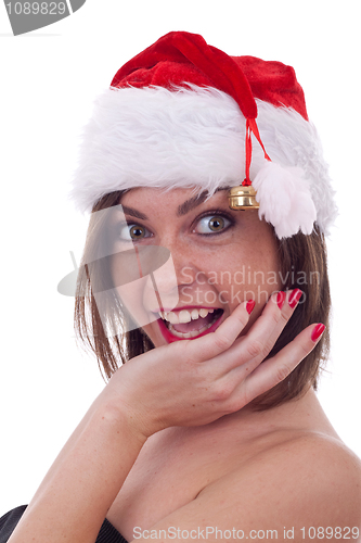 Image of surprised young santa woman