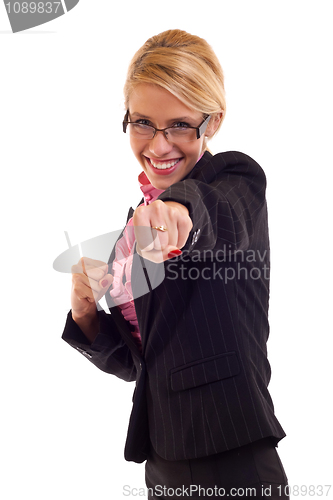 Image of Smiling business woman fighting