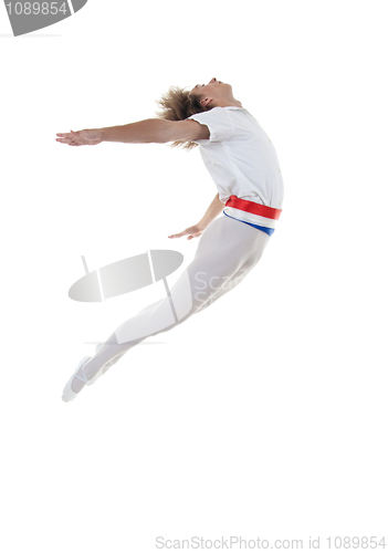 Image of dancer jumping over white background 