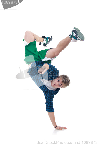 Image of bboy standing on one hand and pointing