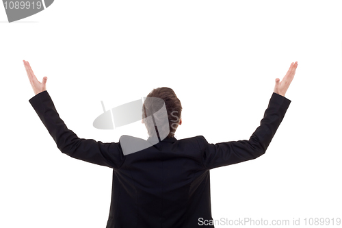 Image of business woman with her hands in the air 