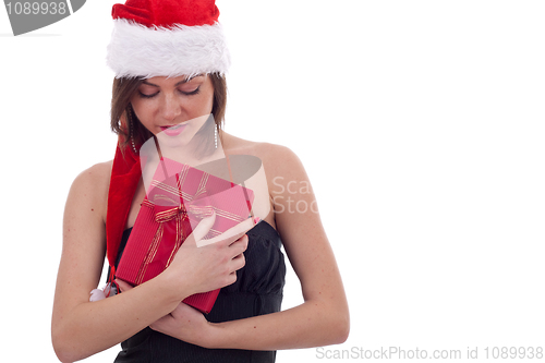 Image of  lovely santa woman  with present