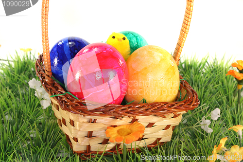 Image of Easter basket with eggs and chicks