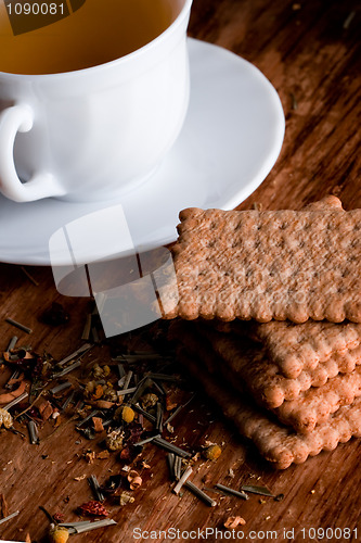 Image of cup of fresh herbal tea and some cookies 