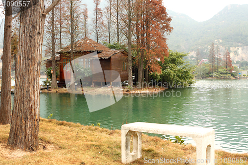 Image of white chiar and house on water front property 