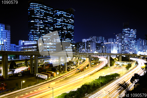 Image of Modern Urban City with Freeway Traffic at Night, hong kong 